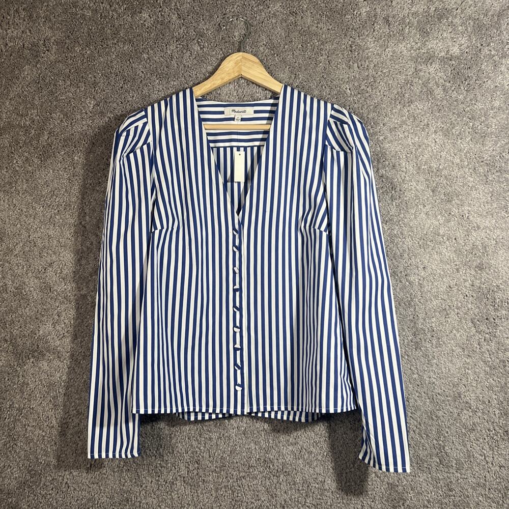Madewell Womens Small Blue Striped V Neck Long Sleeve Button Up Cotton Shirt